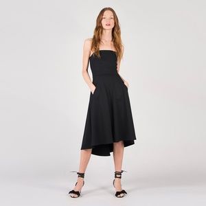 david lerner asymmetrical strap midi dress